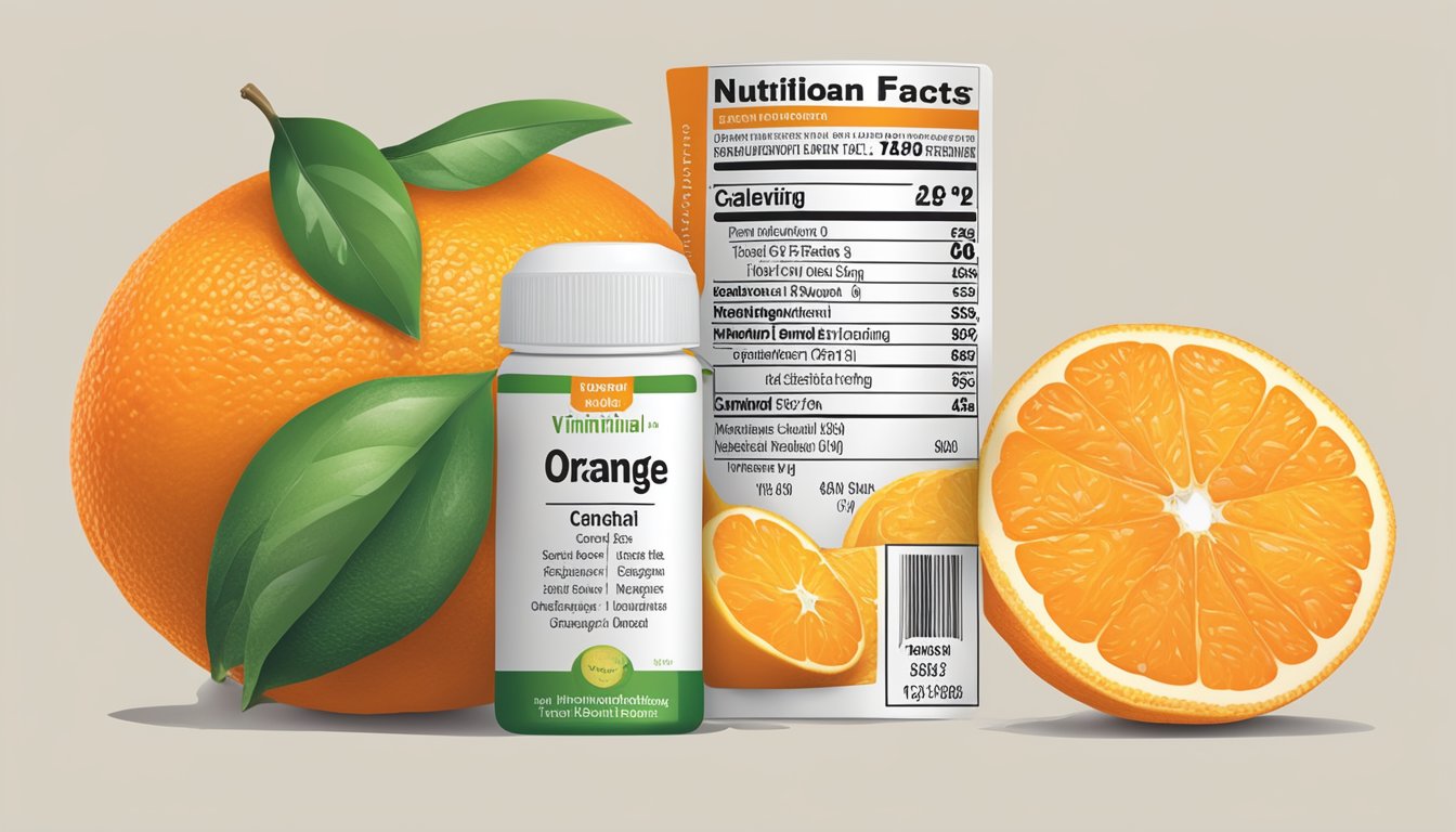 A fresh orange with a vibrant peel sits next to a nutrition label, showcasing its vitamin C content and other nutritional information