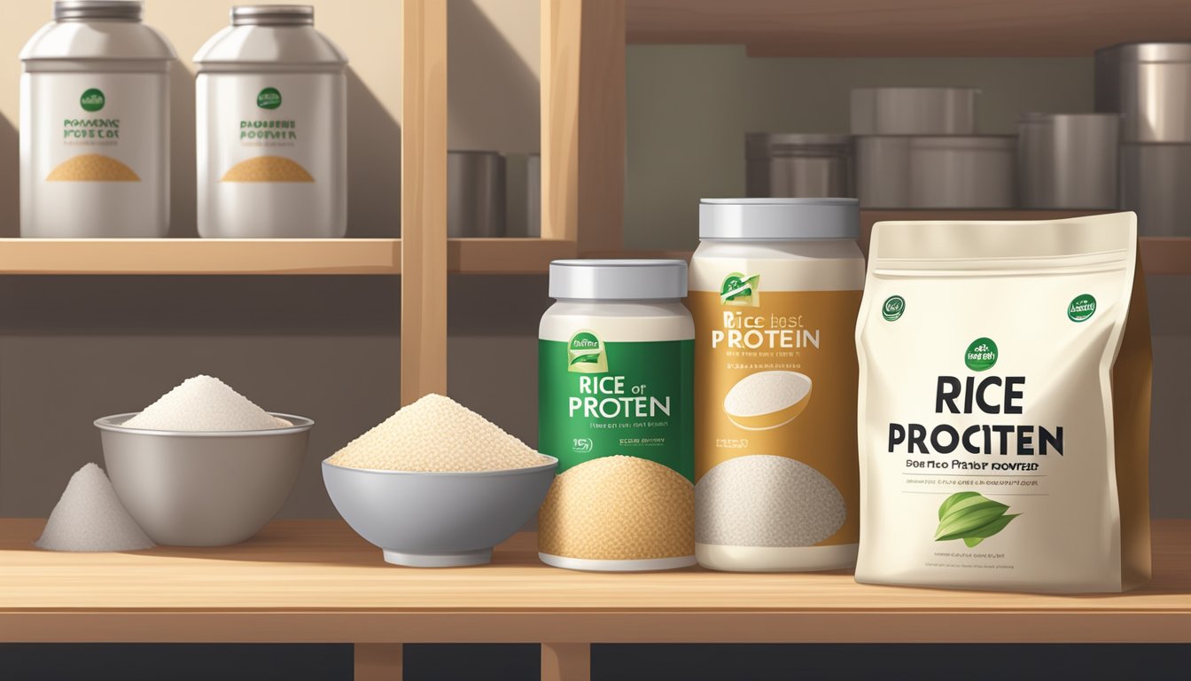 A bag of rice protein powder sits on a shelf in a dry, cool pantry, away from direct sunlight and moisture