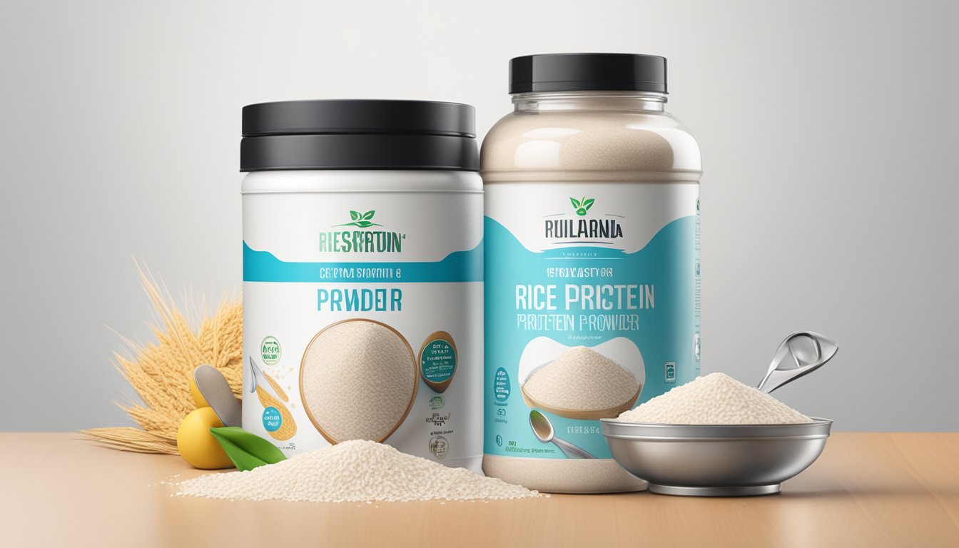 A bag of rice protein powder sits on a shelf with a clear expiration date label. A stack of measuring spoons and a blender are nearby