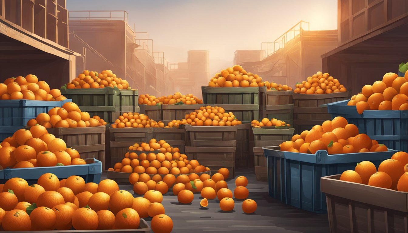 A pile of oranges stored in a variety of containers, including baskets, crates, and bins. Some oranges are starting to spoil, while others remain fresh