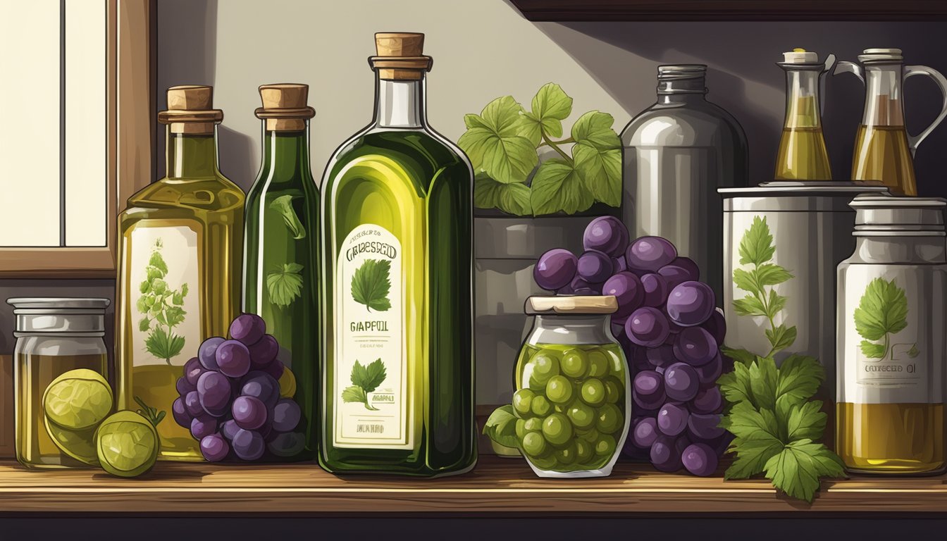 A glass bottle of grapeseed oil sits on a shelf in a cool, dark pantry, surrounded by other cooking oils and ingredients