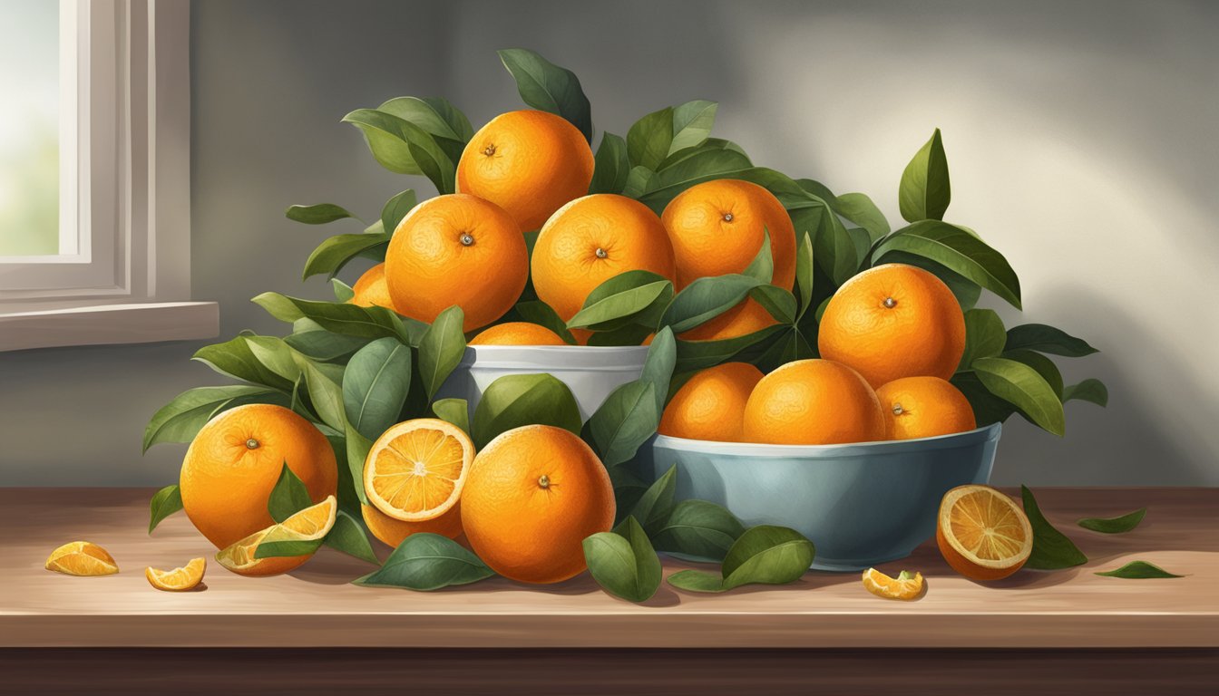 A pile of oranges, some with mold, others shriveled, on a kitchen shelf