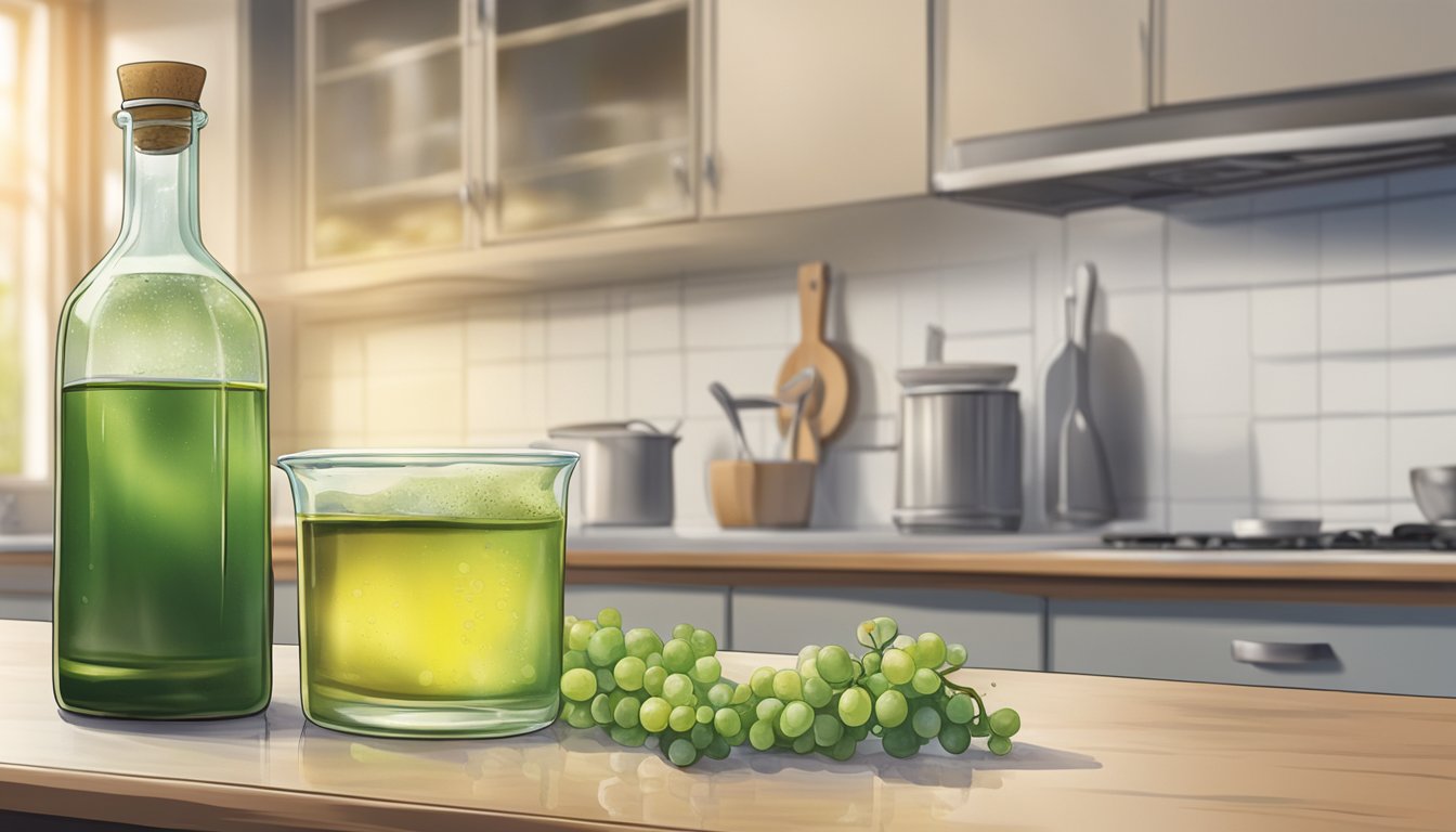 A bottle of grapeseed oil sits on a kitchen counter, its contents spoiled and emitting a rancid odor. The oil appears cloudy and discolored, with a layer of sediment settled at the bottom