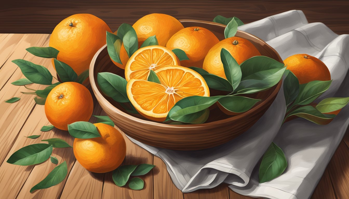 A bowl of oranges, some whole and some sliced, sits on a wooden table with a few starting to show signs of spoilage