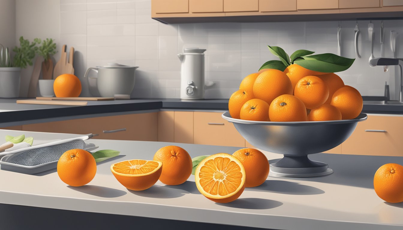 A pile of oranges sits on a kitchen counter. One orange shows signs of mold, while others appear fresh and vibrant