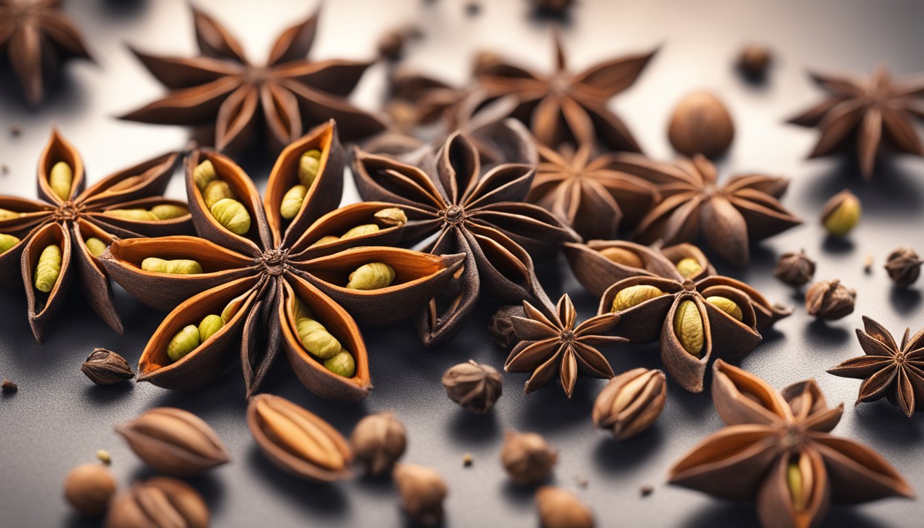 A whole star anise surrounded by smaller, dried star anise pods, with some of them cracked open to reveal the seeds inside