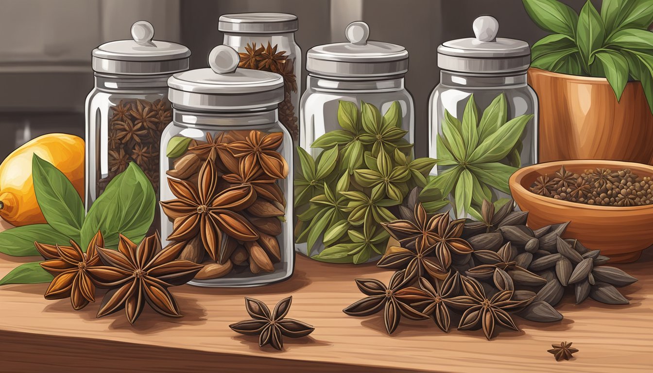 A cluster of star anise pods, with vibrant color and strong aroma, surrounded by other spices and herbs on a clean, organized kitchen shelf