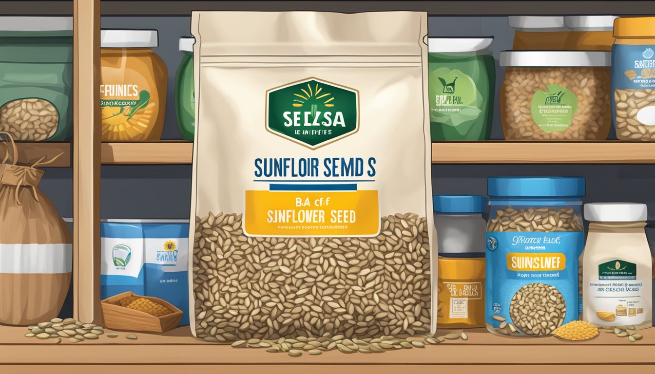 A bag of sunflower seeds sits on a shelf, surrounded by other food items. The seeds are in a clear, resealable pouch with a label indicating the expiration date