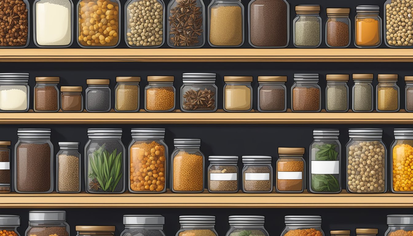 A jar of star anise sits on a shelf with other spices, surrounded by labeled containers