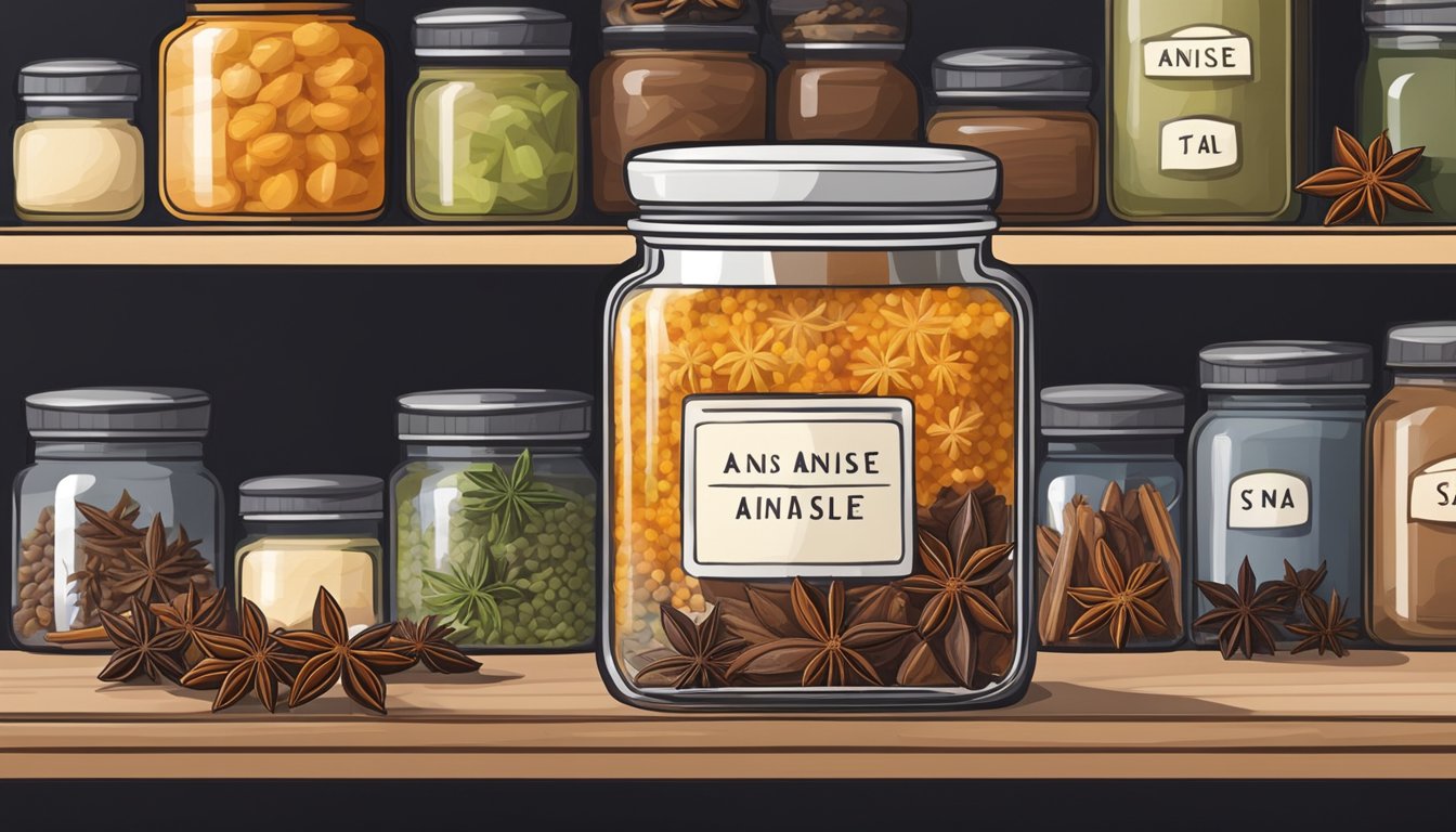 A small jar of star anise sits on a shelf in a kitchen pantry, surrounded by other spices and ingredients