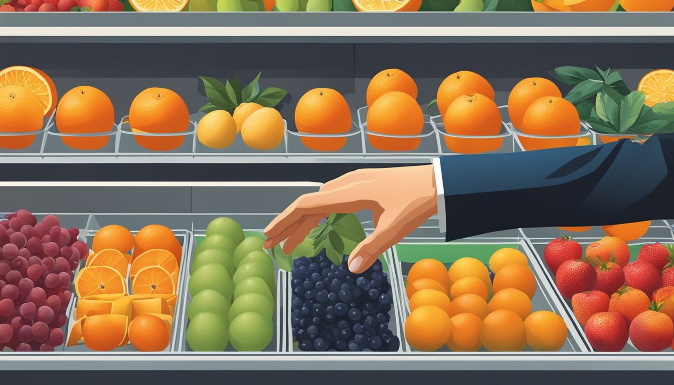 A hand reaching for a ripe orange among a display of fresh fruit in a grocery store