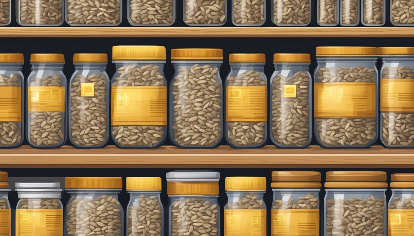 Sunflower seeds in a sealed, airtight container on a shelf, away from direct sunlight and moisture