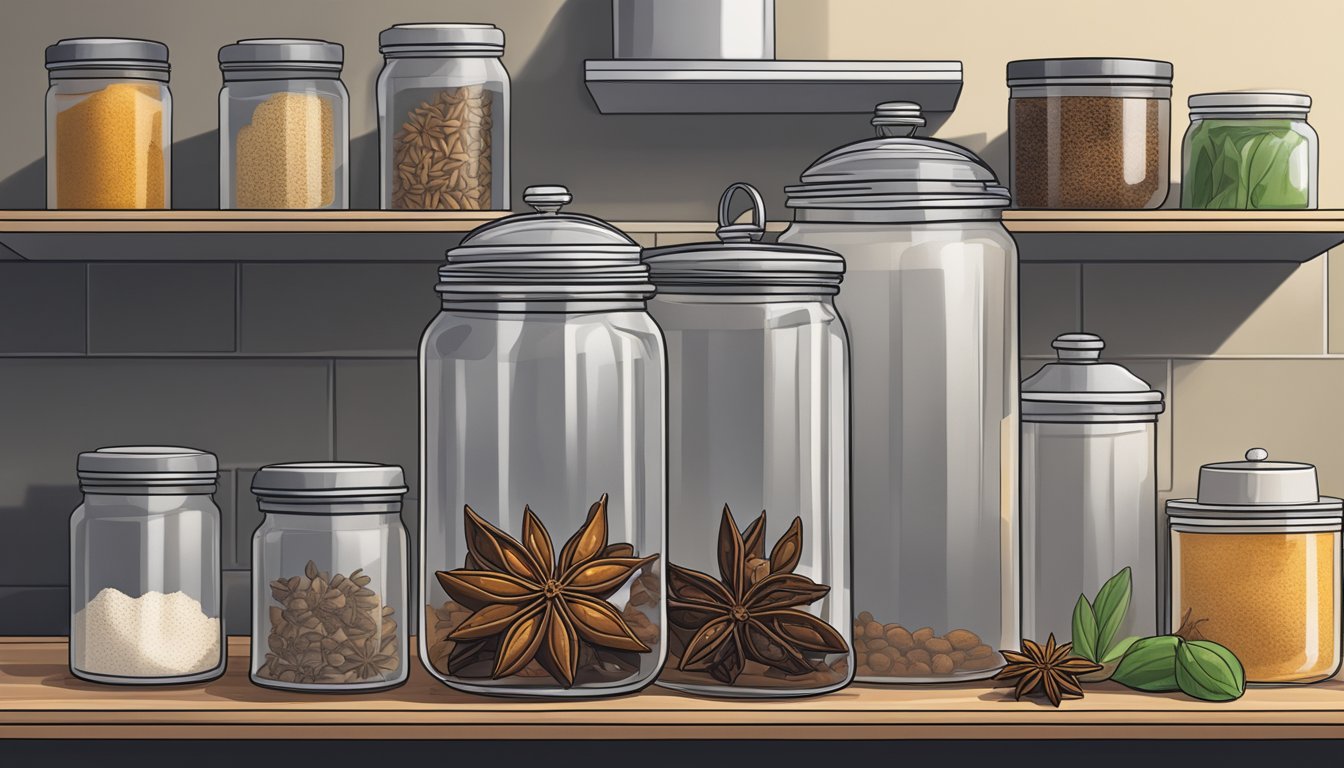 A jar of star anise sits on a clean, organized kitchen shelf. A faint aroma of the spice fills the air, while a small pile of expired and moldy food items sits in the trash can nearby