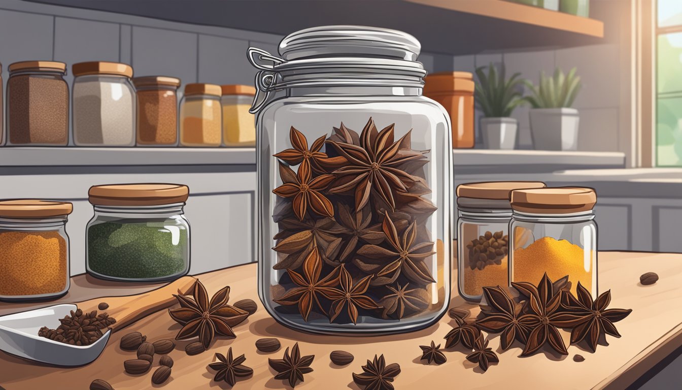 A jar of star anise sits on a kitchen shelf, surrounded by other spices. A hand reaches for it, checking for freshness