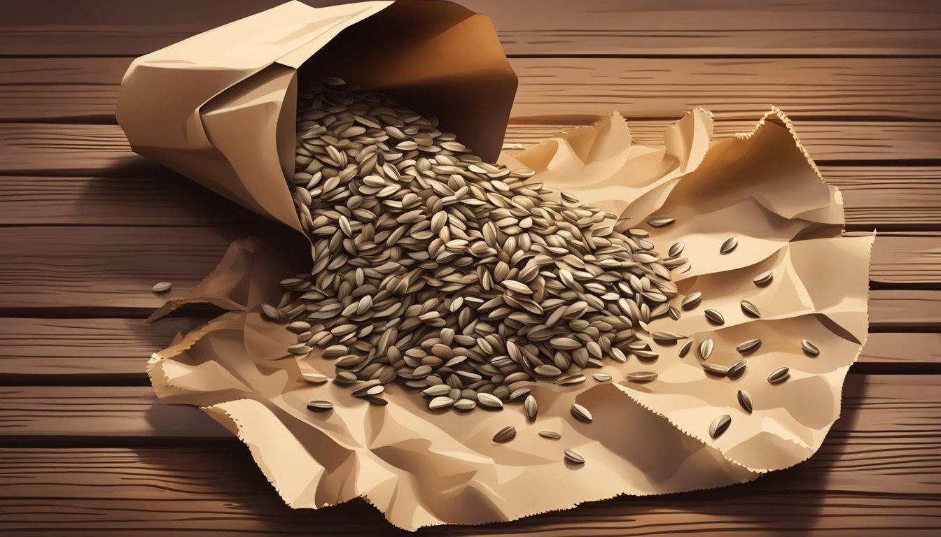 A pile of sunflower seeds spilling out of a torn paper bag, with a few seeds scattered on a wooden table