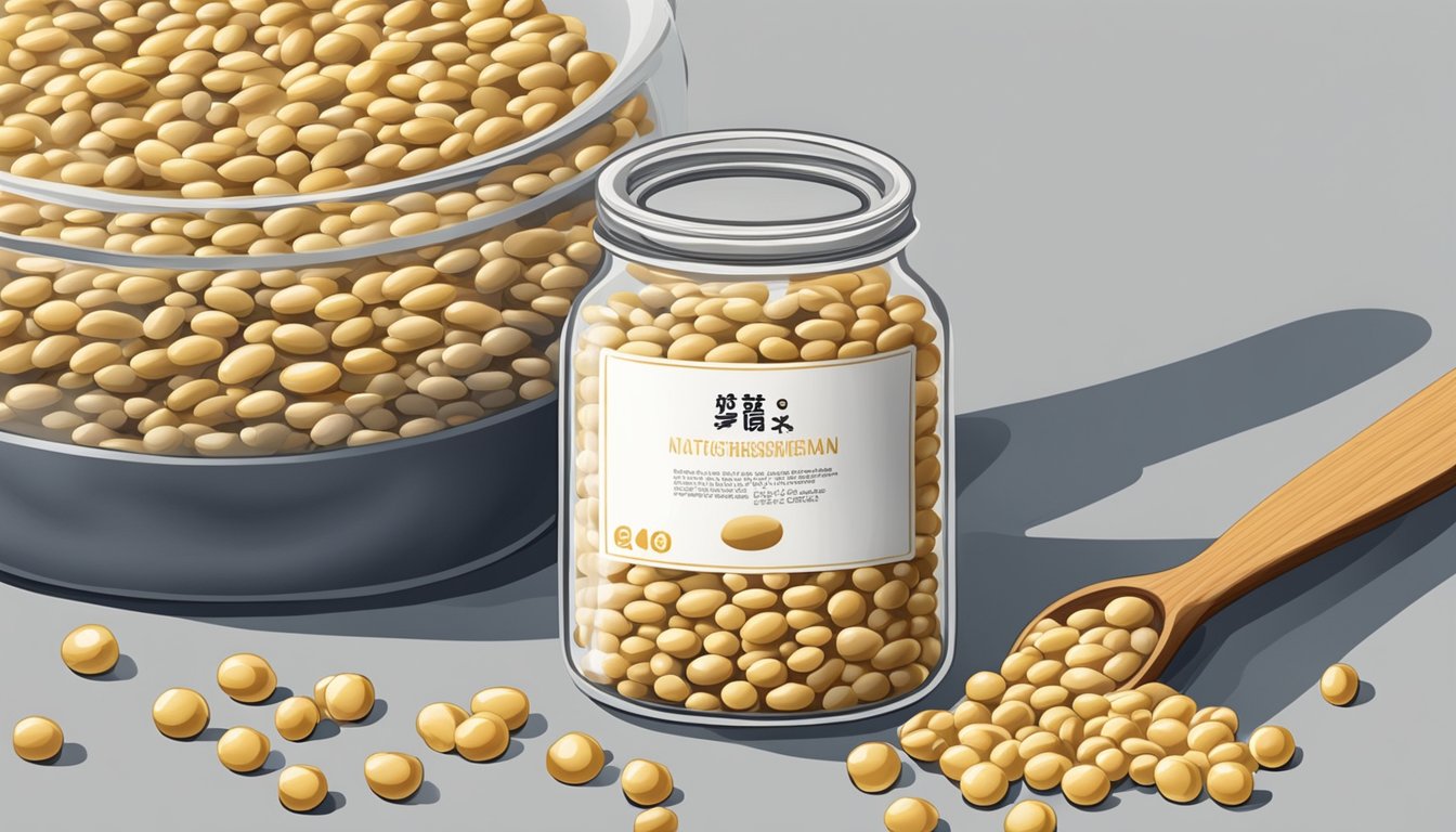 A glass jar of natto sits on a kitchen counter, surrounded by soybeans and a piece of fermenting cloth