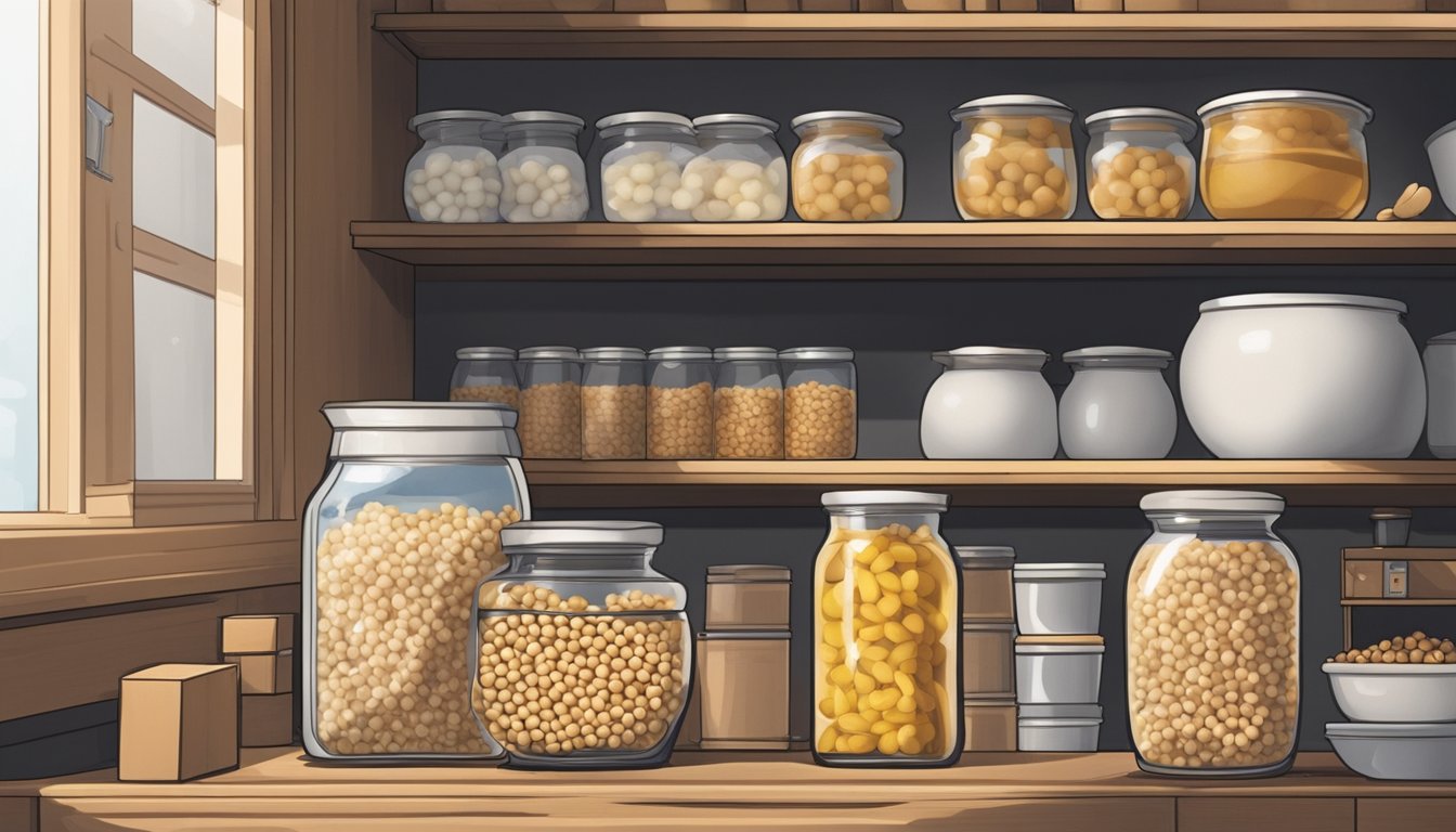 A container of natto sits on a kitchen shelf, surrounded by other food items. The natto appears slightly sticky and has a distinct fermented aroma