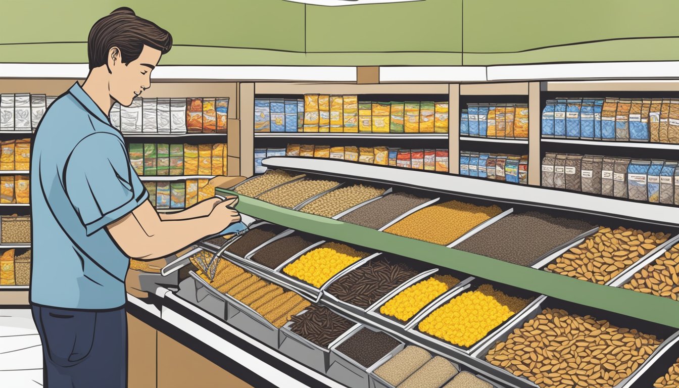 A person picks out a packet of sunflower seeds from a display at a store, then proceeds to pay for them at the checkout counter