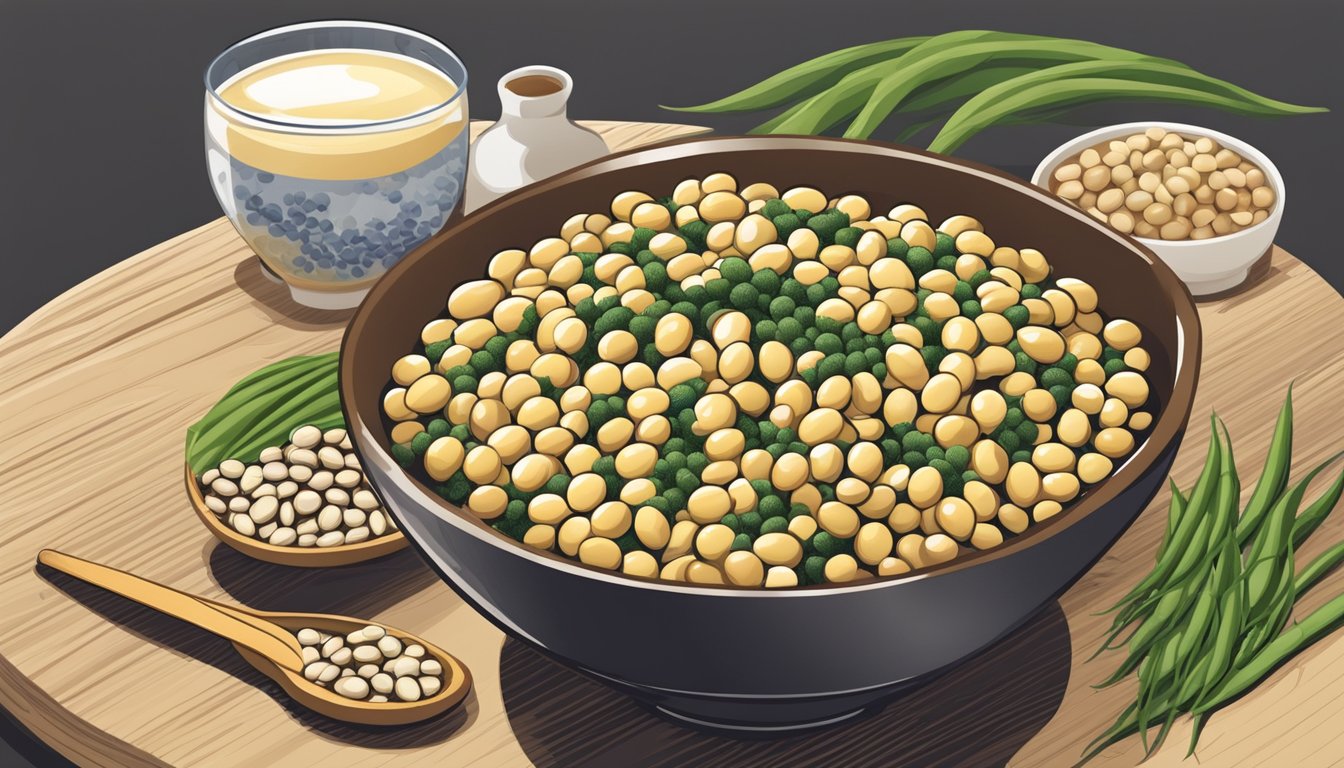 A bowl of natto surrounded by various fresh and fermented soybeans, highlighting its health benefits and nutritional value