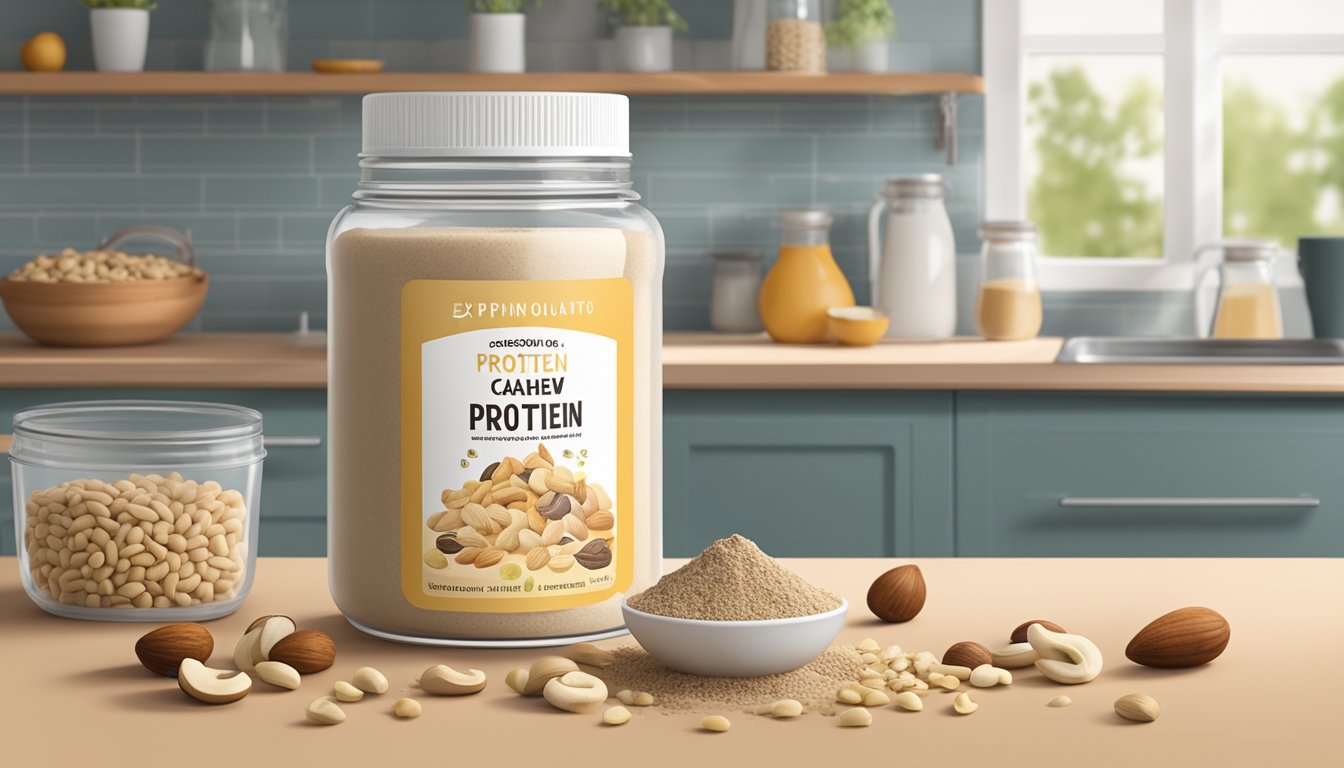 A jar of cashew protein powder sits on a kitchen counter, surrounded by various nuts and seeds. The expiration date on the label is visible