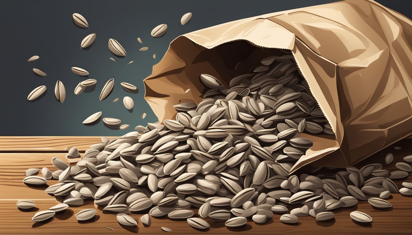 A pile of sunflower seeds spilling out of a torn paper bag, scattered on a wooden table with a few seeds rolling off the edge