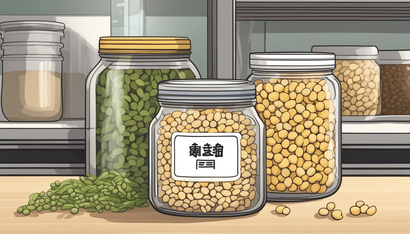 A glass jar of natto sits in a refrigerator next to other fermented foods. The lid is tightly sealed, and a label indicates the date it was made