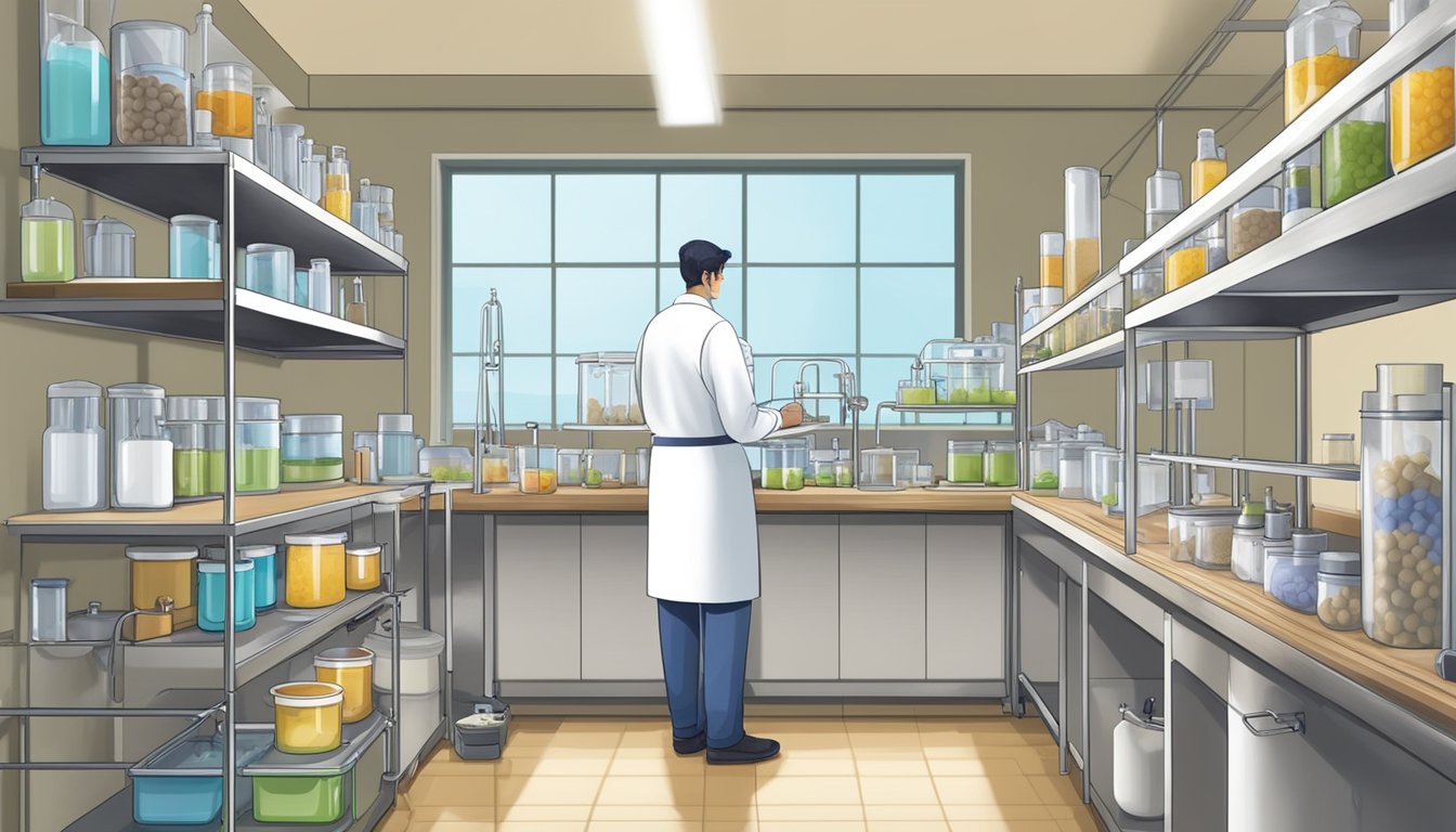 A laboratory setup with various equipment and samples of natto undergoing quality and safety testing