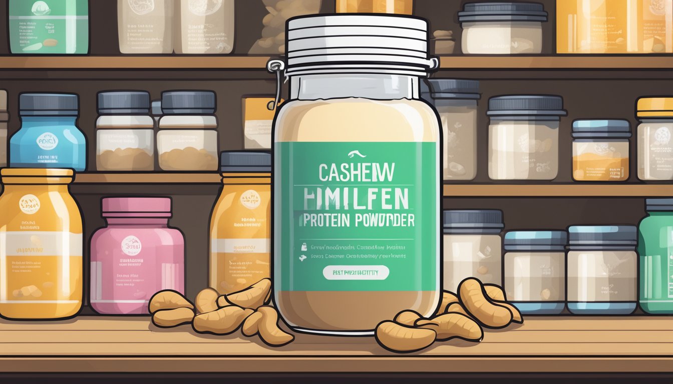 A jar of cashew protein powder sits on a shelf, surrounded by various factors affecting its stability: temperature, light, and humidity