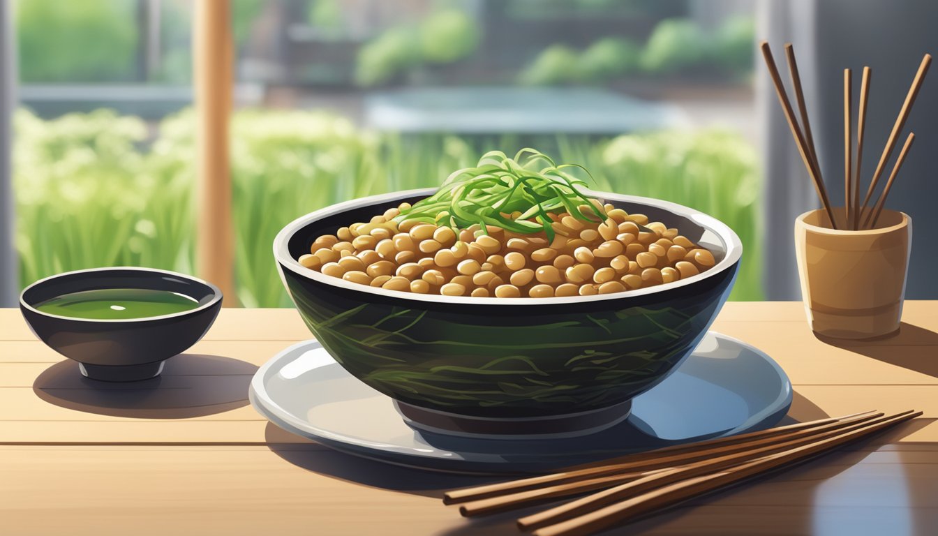 A bowl of freshly made natto, topped with green onions and a drizzle of soy sauce, sits on a wooden table with a pair of chopsticks next to it