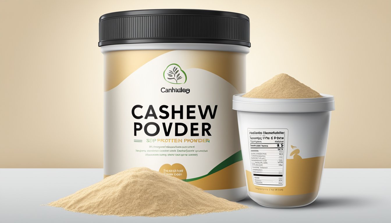 An open container of cashew protein powder with a visible expiration date and signs of spoilage