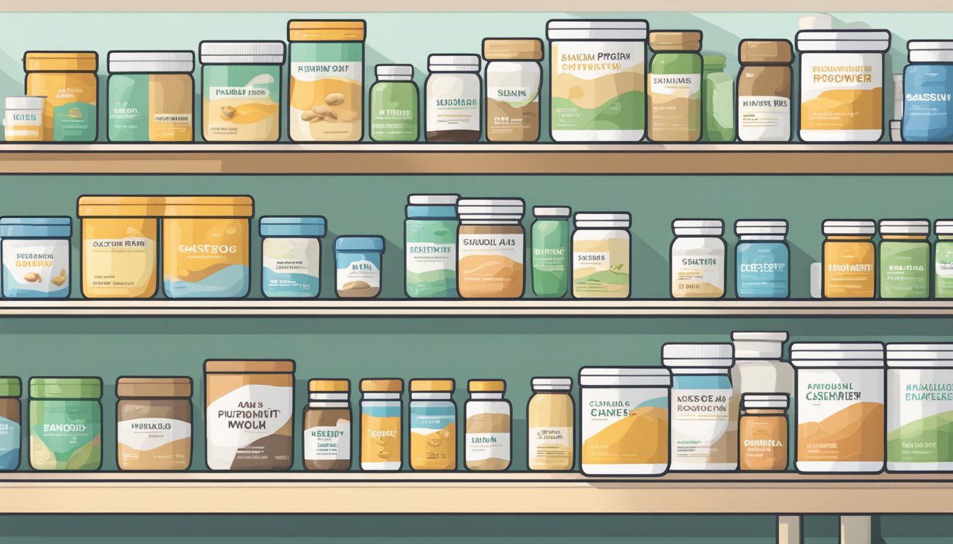 A sealed container of cashew protein powder sits on a shelf, surrounded by other health supplements. The room is bright and clean, with minimal clutter