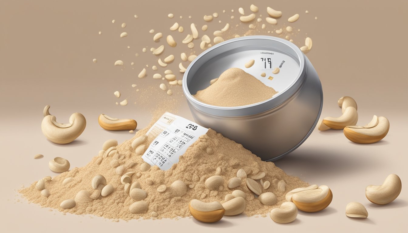 A pile of cashew protein powder spilling out of an open container, with a calendar in the background showing an expired date