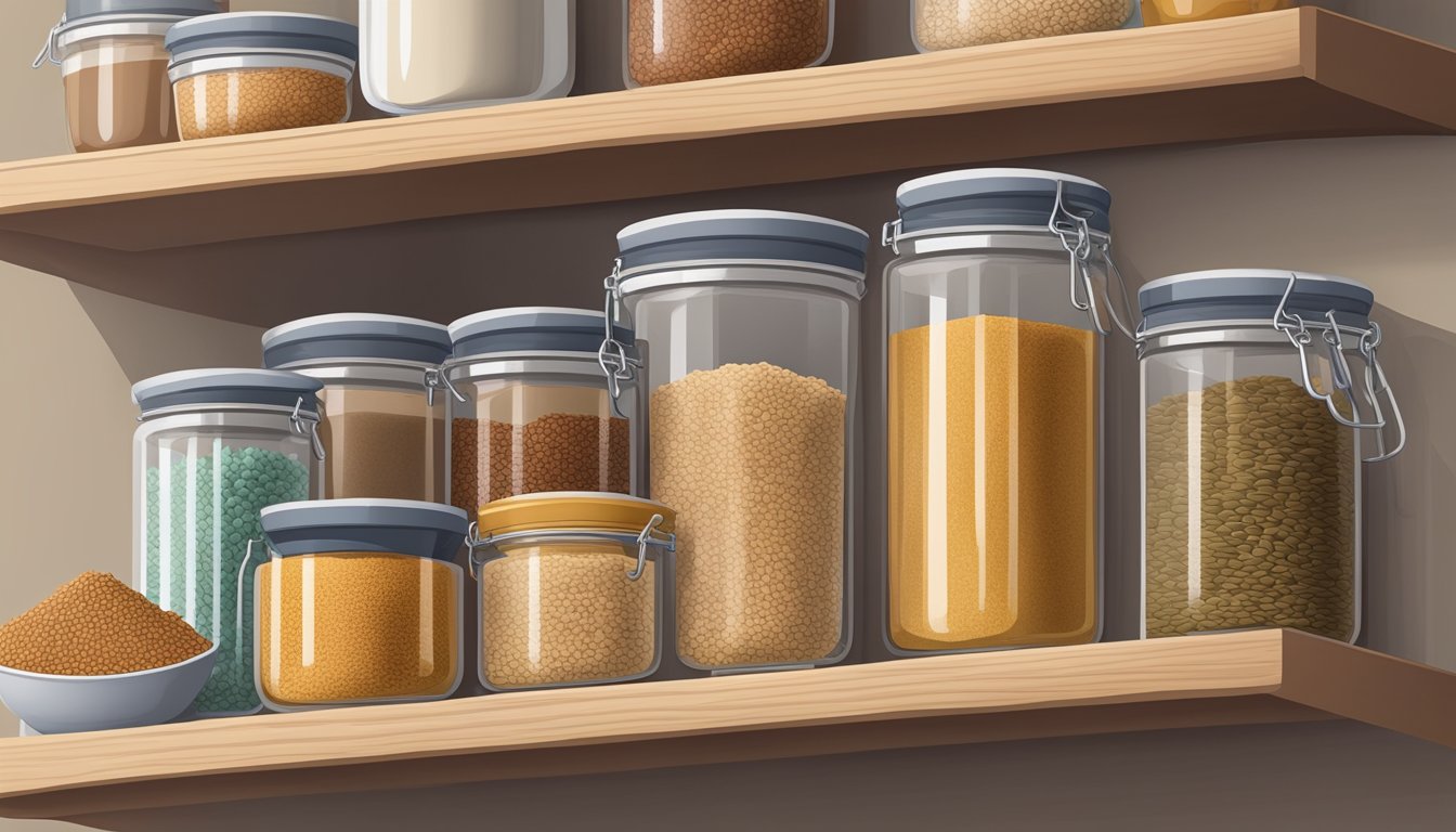 A pantry shelf with a tightly sealed container of flaxseed meal next to other dry goods