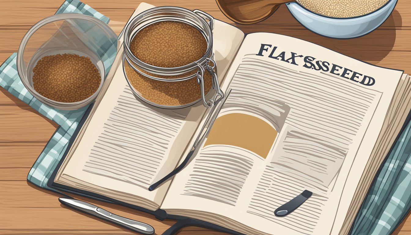 A jar of flaxseed meal sits on a kitchen counter next to a mixing bowl and measuring spoons. A recipe book is open to a page featuring various flaxseed meal recipes