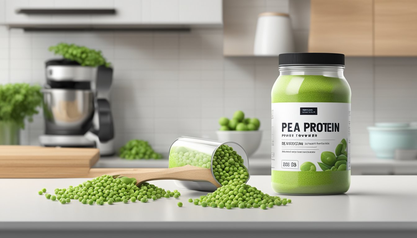 A jar of pea protein powder sits on a kitchen counter, with a label indicating its expiration date. An open scoop rests on top, surrounded by fresh peas