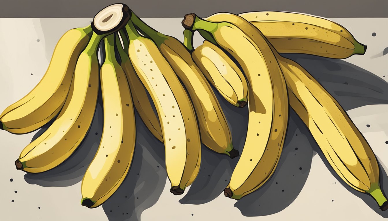 A bunch of ripe bananas on a kitchen counter with a few brown spots