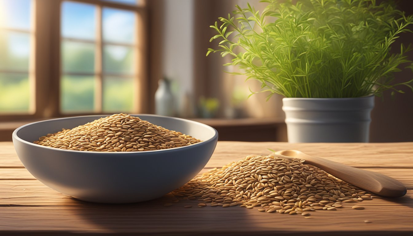 A bowl of flaxseed meal sits on a rustic wooden table, surrounded by fresh flaxseeds and a sprig of flax plant. Sunlight streams in from a nearby window, casting a warm glow over the scene