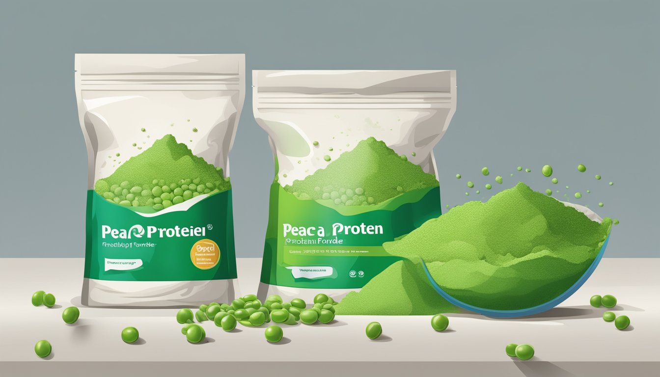 A torn, moldy bag of pea protein powder sits on a shelf next to a bulging, leaking container