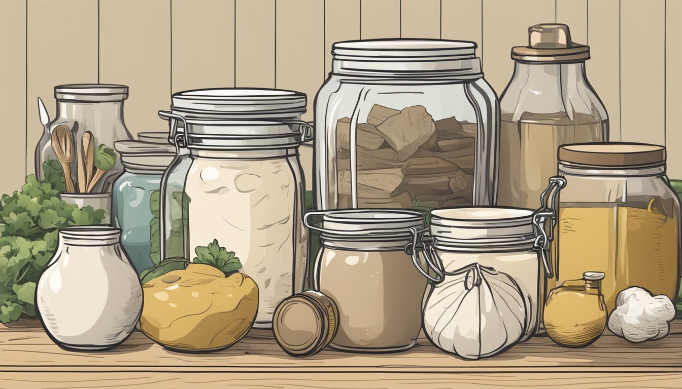 A jar of lard sits on a kitchen counter, surrounded by various cooking utensils and ingredients. The lard appears slightly discolored and has a faint, unpleasant odor