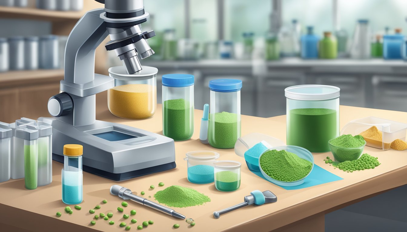 A laboratory table with various containers of pea protein powder, some open and others sealed, alongside a microscope and testing equipment