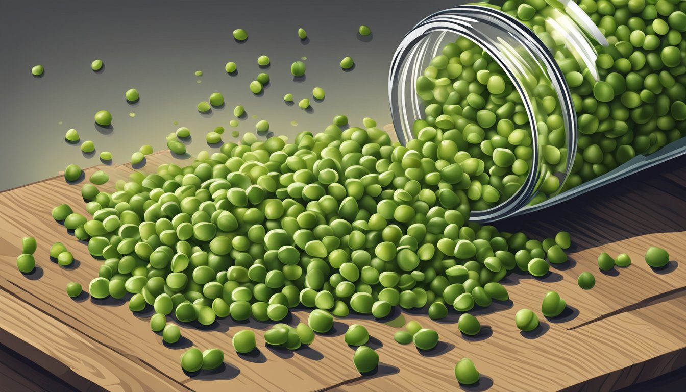 A pile of split peas in a clear glass jar, with some spilled on a wooden tabletop. The peas are varying shades of green and have a dry, powdery texture