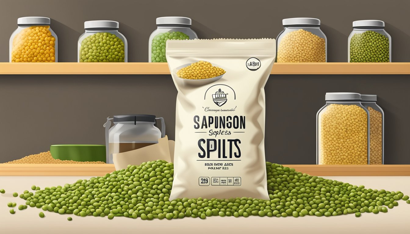 A bag of split peas sits on a shelf, surrounded by other dry goods. The expiration date is visible, but the peas are still in good condition