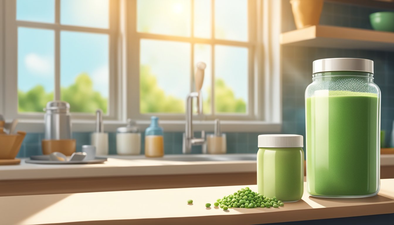 A jar of pea protein powder sits on a clean kitchen counter, next to a scoop and a shaker bottle. Sunlight streams through the window, illuminating the scene