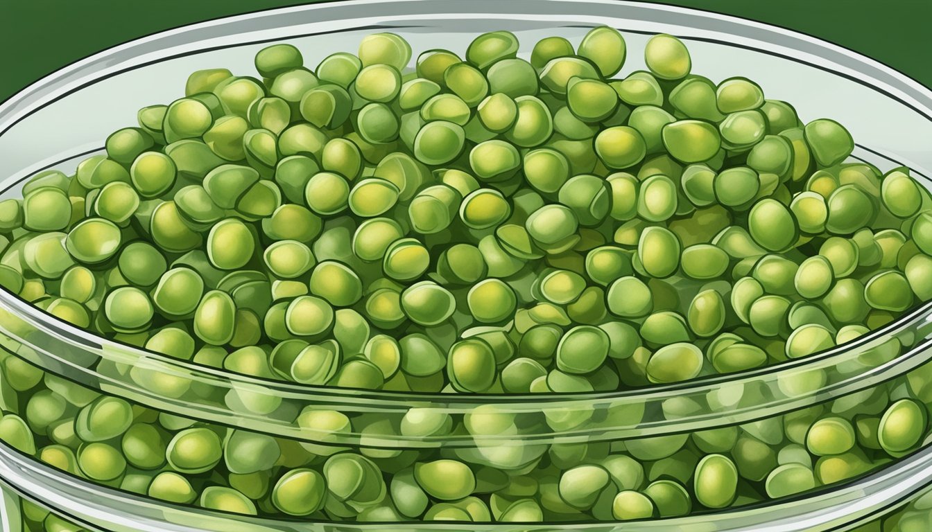 A pile of split peas in a clear container, some discolored and moldy, others still intact and green