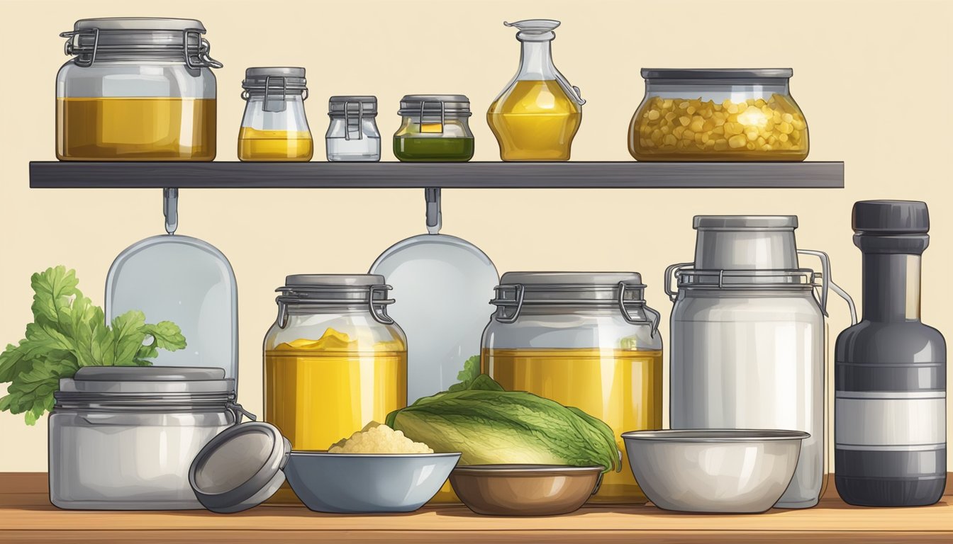 A kitchen counter with various cooking oils and fats, including lard, in different containers. Some containers are open and showing signs of spoilage