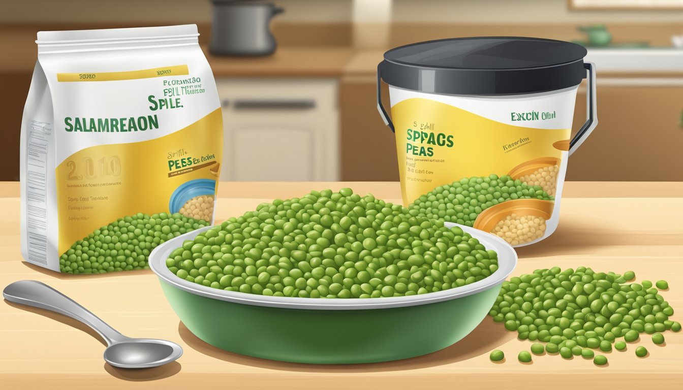 A bag of split peas with expiration date, a pot, and a serving spoon on a kitchen countertop