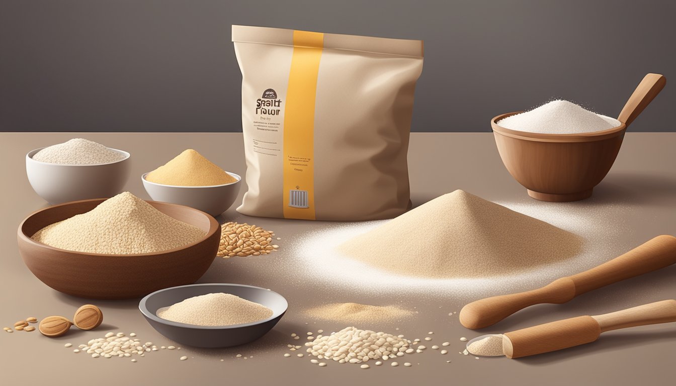 A bag of spelt flour sits on a kitchen counter, surrounded by various baking ingredients and utensils. A few grains of spelt are scattered on the surface