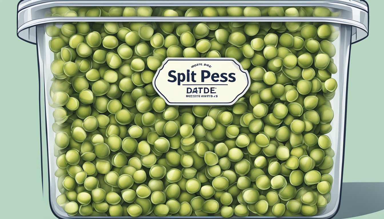 A pile of split peas in a clear, airtight container with a best by date label