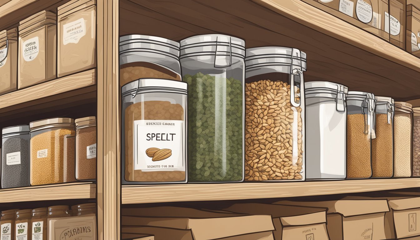 A bag of spelt grains sits on a pantry shelf next to other dry goods, with a label indicating the purchase date