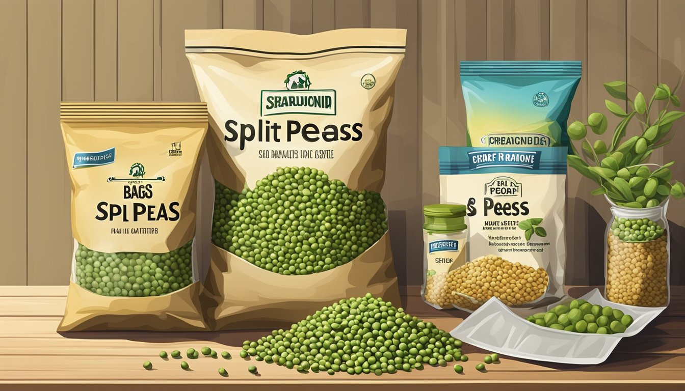 A bag of split peas sits on a shelf, surrounded by other dry goods. The peas are still in their original packaging and appear to be in good condition